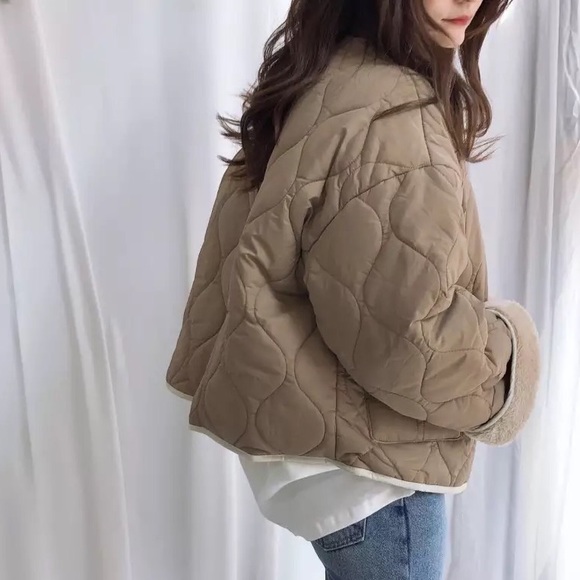 Coat jacket reversible cozy khaki beige tan pocket quilted puffer pocket women - Picture 10 of 15